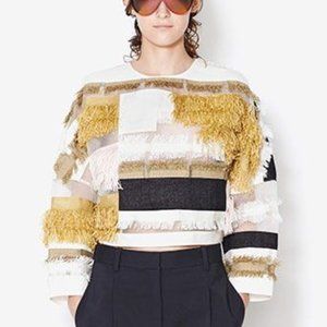 3.1 Phillip Lim Raffia Patchwork Dolman Top Blouse Fringe Multi Long Sleeve